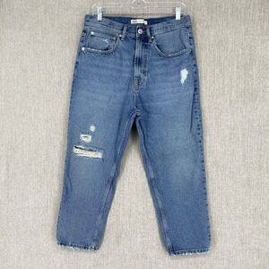 ZARA Jeans Womens 31 Blue High Rise Taper Straight Crop Whisker Distressed Denim